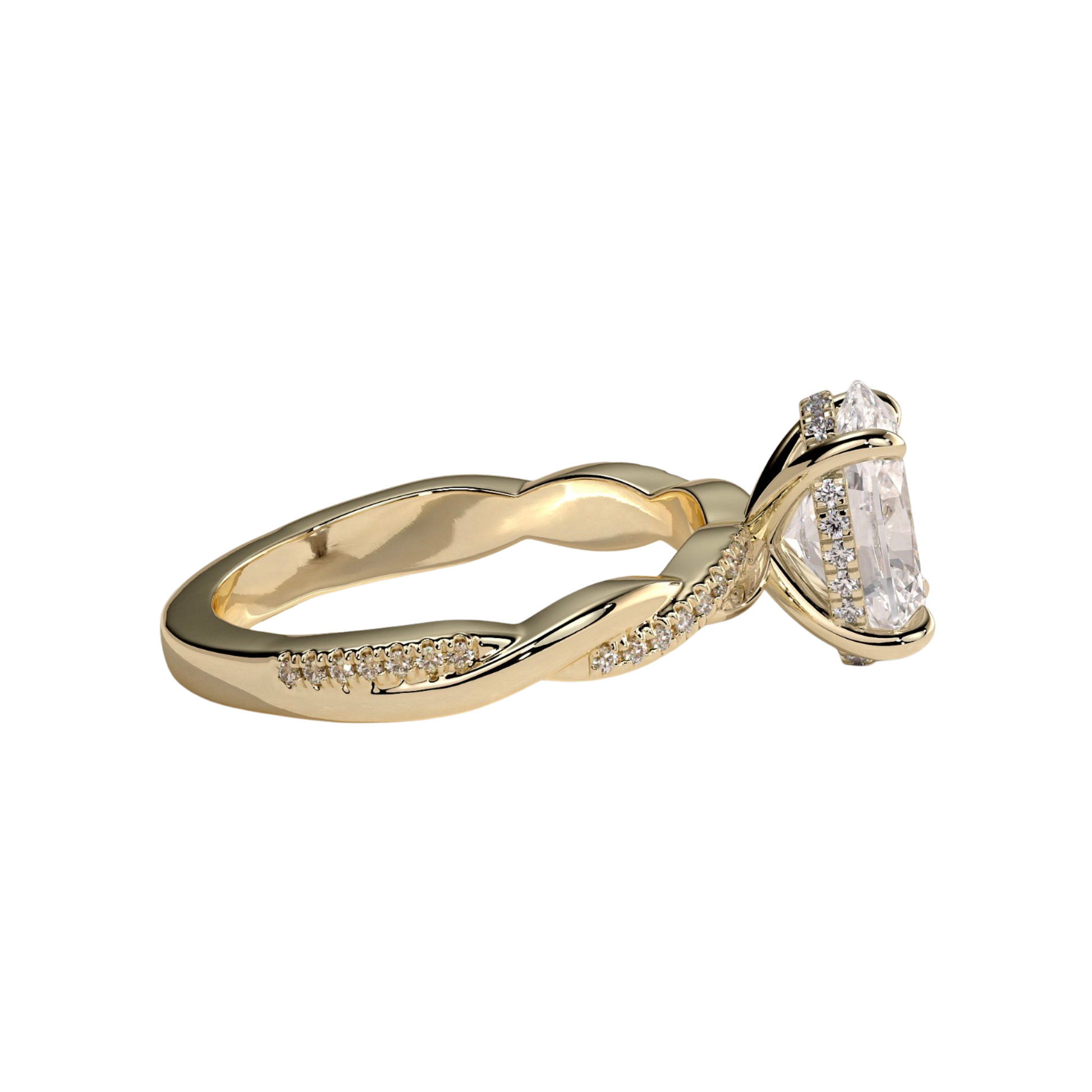 Luxury oval claw solitaire engagement ring featuring a brilliant oval-cut center stone with a sparkling hidden halo and twisted alternating pavé diamond band. Elegant modern design crafted for exceptional brilliance and timeless sophistication, available in white gold, yellow gold, rose gold, platinum, lab-grown diamond, or moissanite options.