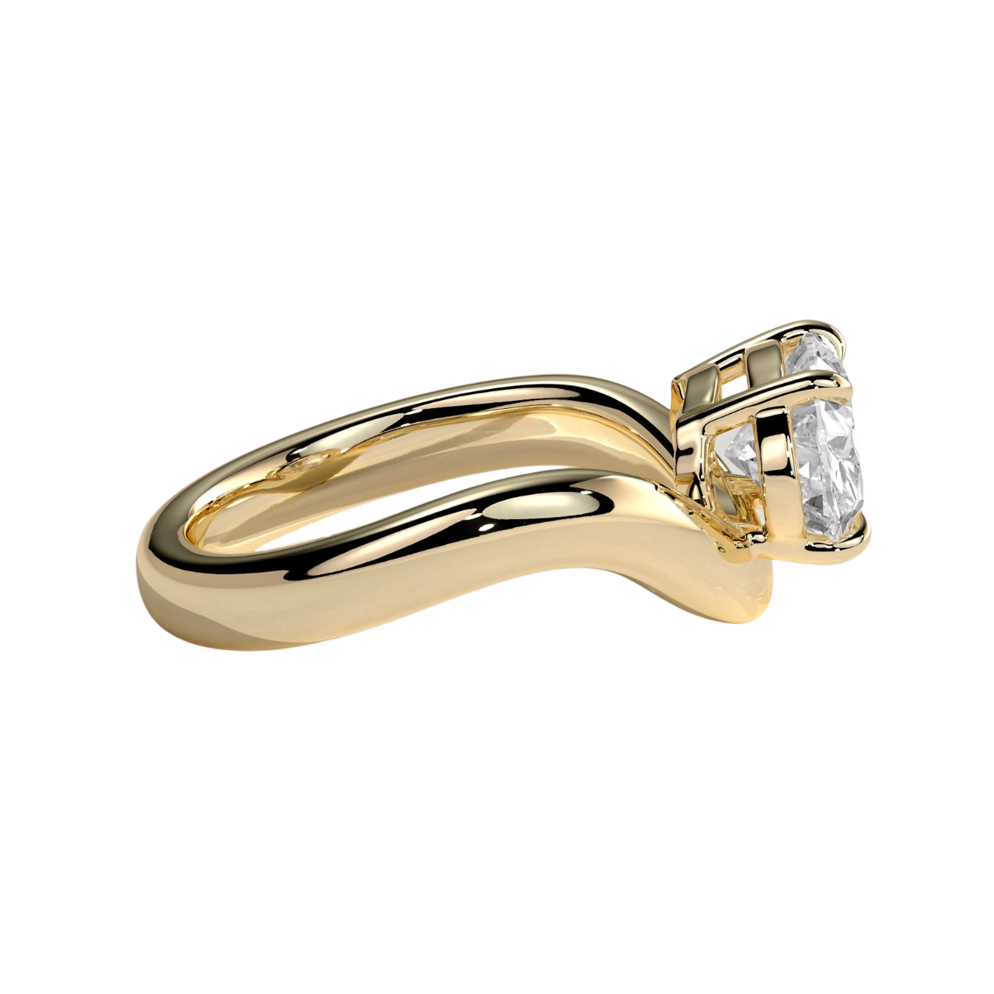 Luxury oval east west claw solitaire engagement ring featuring a brilliant horizontally set oval-cut center stone with an elegant wave band design. Modern sculpted silhouette crafted for timeless sophistication and everyday brilliance, available in white gold, yellow gold, rose gold, platinum, lab-grown diamond, or moissanite options.