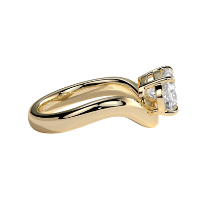 Luxury oval east west claw solitaire engagement ring featuring a brilliant horizontally set oval-cut center stone with an elegant wave band design. Modern sculpted silhouette crafted for timeless sophistication and everyday brilliance, available in white gold, yellow gold, rose gold, platinum, lab-grown diamond, or moissanite options.