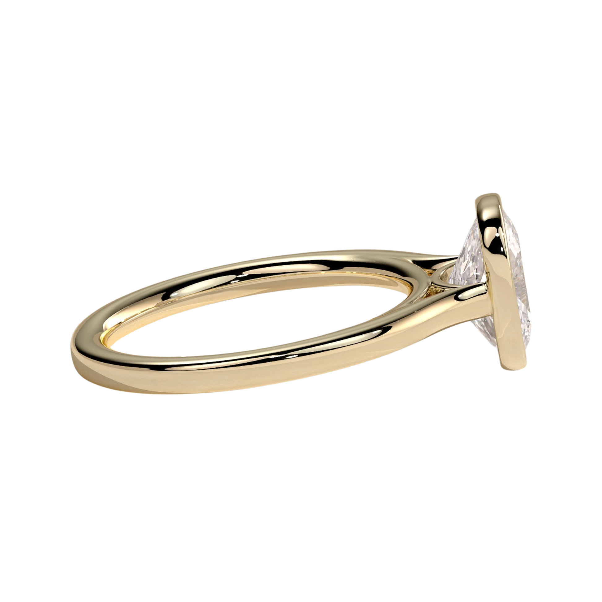 Luxury elongated cushion bezel solitaire engagement ring featuring a brilliant elongated cushion-cut center stone in a sleek bezel setting with an elegant cathedral high profile. Modern timeless design crafted for sophistication and durability, available in white gold, yellow gold, rose gold, platinum, lab-grown diamond, or moissanite options.