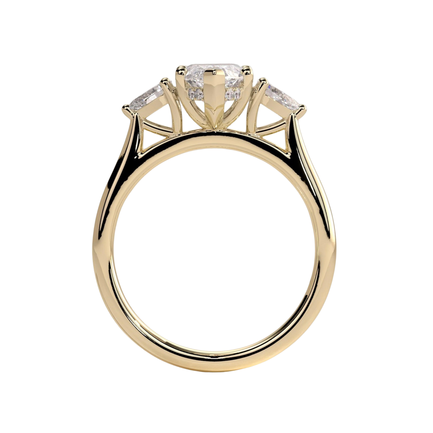 Luxury marquise claw trilogy engagement ring featuring a brilliant marquise-cut center stone flanked by elegant pear-shaped side stones and a sparkling hidden halo. Crafted in a timeless elevated design for maximum brilliance and sophistication, available in white gold, yellow gold, rose gold, platinum, lab-grown diamond, or moissanite options.