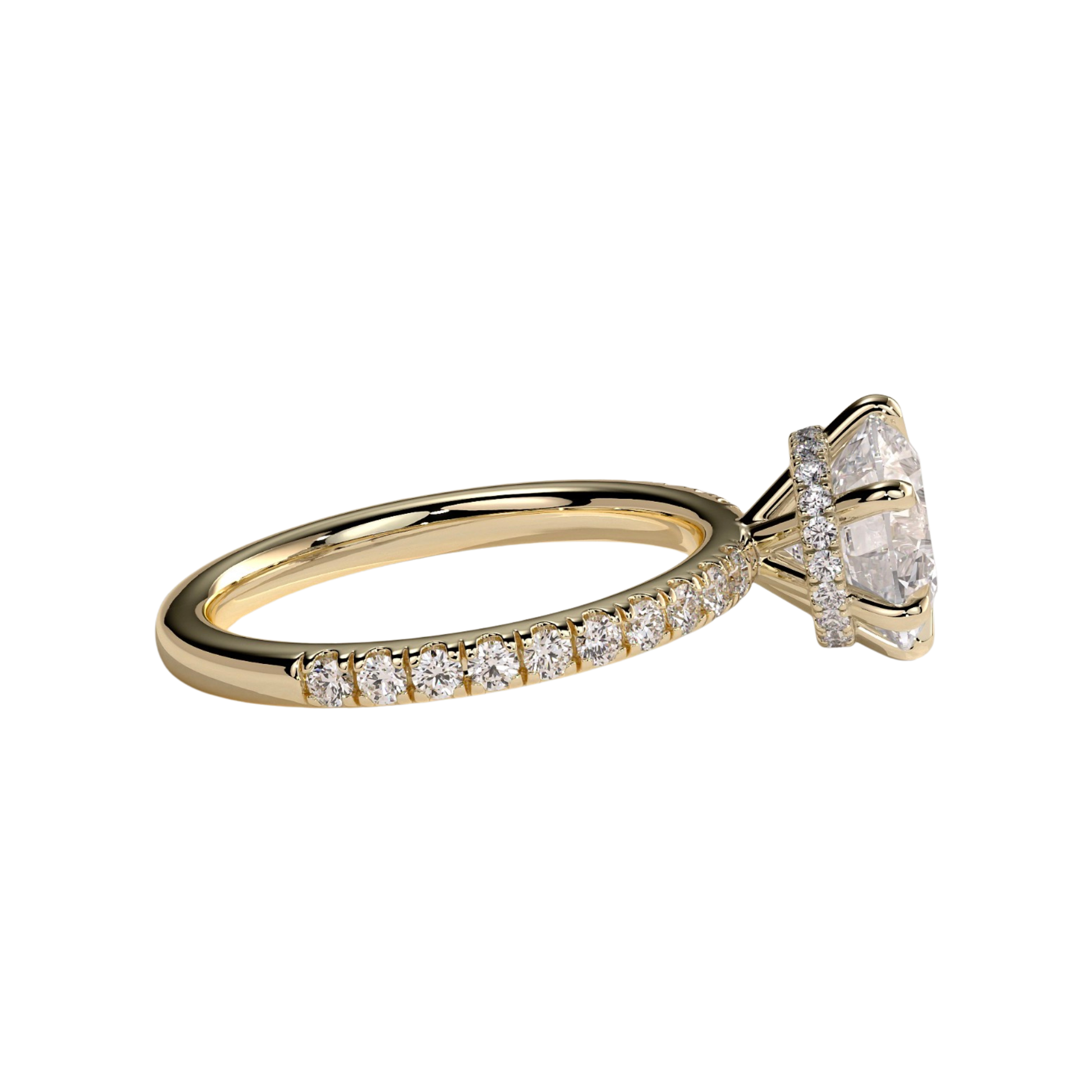 Luxury round claw solitaire engagement ring featuring a brilliant round-cut center stone secured in a refined claw setting with a sparkling wrap around hidden halo and pavé diamond band. Elegant timeless design crafted for exceptional brilliance and sophistication, available in white gold, yellow gold, rose gold, platinum, lab-grown diamond, or moissanite options.