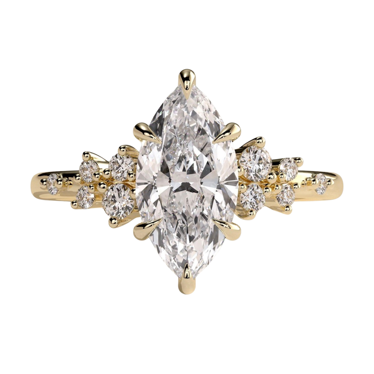 Luxury custom marquise claw solitaire engagement ring featuring a brilliant marquise-cut center stone secured in refined claws, accented by sparkling clustered round-cut diamonds on the shoulders of the band. Elegant timeless asymmetrical design crafted for exceptional brilliance, unique sophistication, and durability, available in custom carat weights and white gold, yellow gold, rose gold, platinum, lab-grown diamond, or moissanite options.