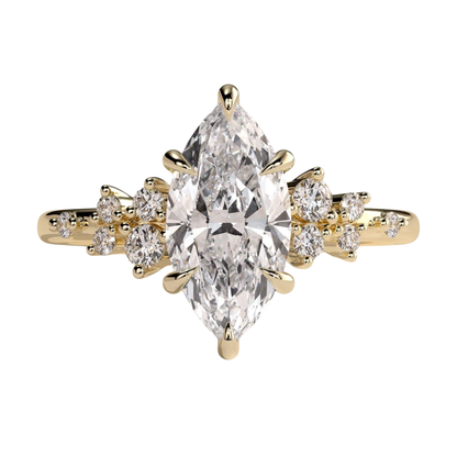 Luxury custom marquise claw solitaire engagement ring featuring a brilliant marquise-cut center stone secured in refined claws, accented by sparkling clustered round-cut diamonds on the shoulders of the band. Elegant timeless asymmetrical design crafted for exceptional brilliance, unique sophistication, and durability, available in custom carat weights and white gold, yellow gold, rose gold, platinum, lab-grown diamond, or moissanite options.
