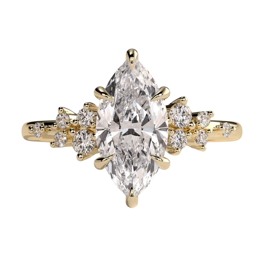 Luxury custom marquise claw solitaire engagement ring featuring a brilliant marquise-cut center stone secured in refined claws, accented by sparkling clustered round-cut diamonds on the shoulders of the band. Elegant timeless asymmetrical design crafted for exceptional brilliance, unique sophistication, and durability, available in custom carat weights and white gold, yellow gold, rose gold, platinum, lab-grown diamond, or moissanite options.