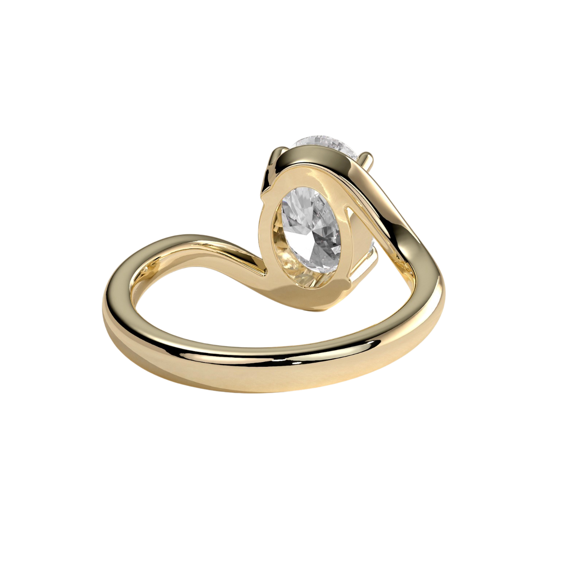 Luxury oval claw solitaire engagement ring featuring a brilliant oval-cut center stone secured in a refined claw setting with an elegant bypass band design. Modern flowing silhouette crafted for timeless sophistication and everyday brilliance, available in white gold, yellow gold, rose gold, platinum, lab-grown diamond, or moissanite options.