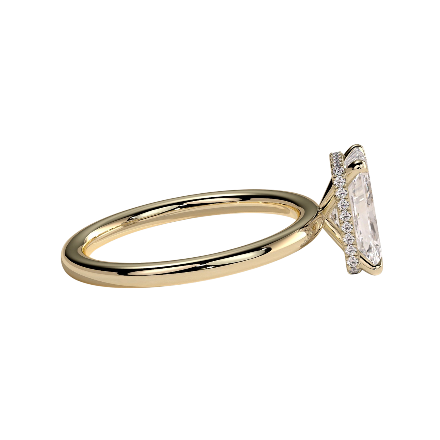 Luxury radiant claw solitaire engagement ring featuring a brilliant radiant-cut center stone secured in a refined claw setting with a sparkling wrap around hidden halo beneath the center stone. Elegant modern design crafted for maximum brilliance and sophistication, available in white gold, yellow gold, rose gold, platinum, lab-grown diamond, or moissanite options.