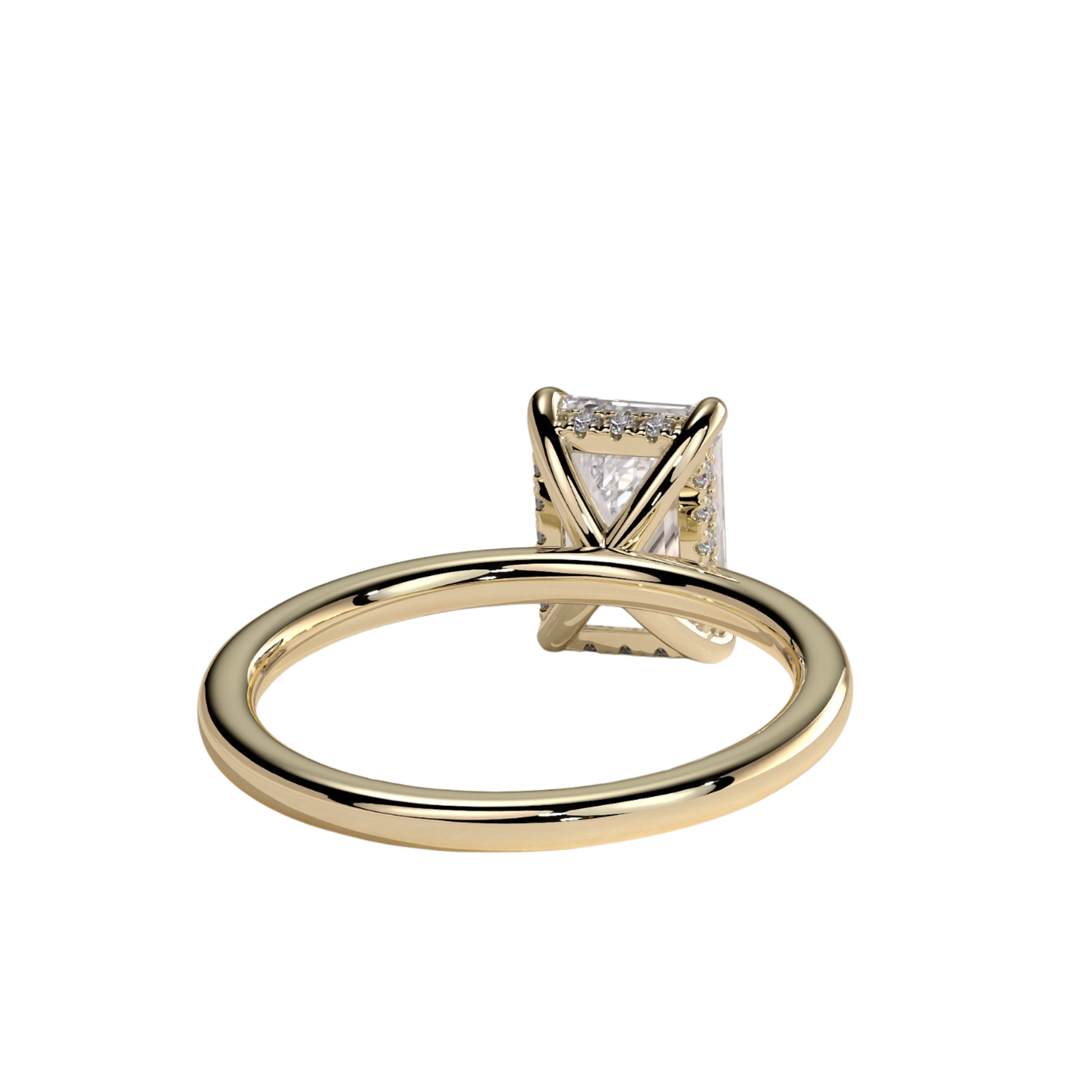 Luxury emerald claw solitaire engagement ring featuring a brilliant emerald-cut center stone secured in a refined claw setting with a sparkling hidden halo beneath the center stone. Elegant timeless design crafted for exceptional brilliance and sophistication, available in white gold, yellow gold, rose gold, platinum, lab-grown diamond, or moissanite options.