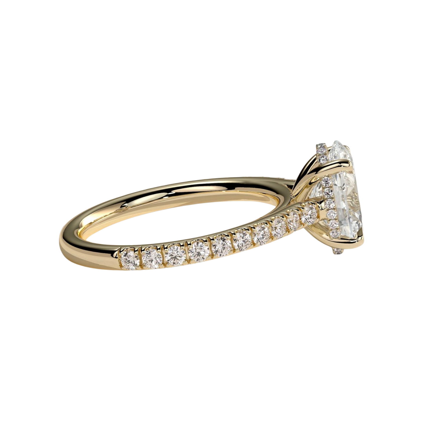Luxury oval claw solitaire engagement ring featuring a brilliant oval-cut center stone with a sparkling hidden halo, pavé diamond band, and elegant cathedral high setting. Timeless elevated design crafted for exceptional brilliance and sophistication, available in white gold, yellow gold, rose gold, platinum, lab-grown diamond, or moissanite options.