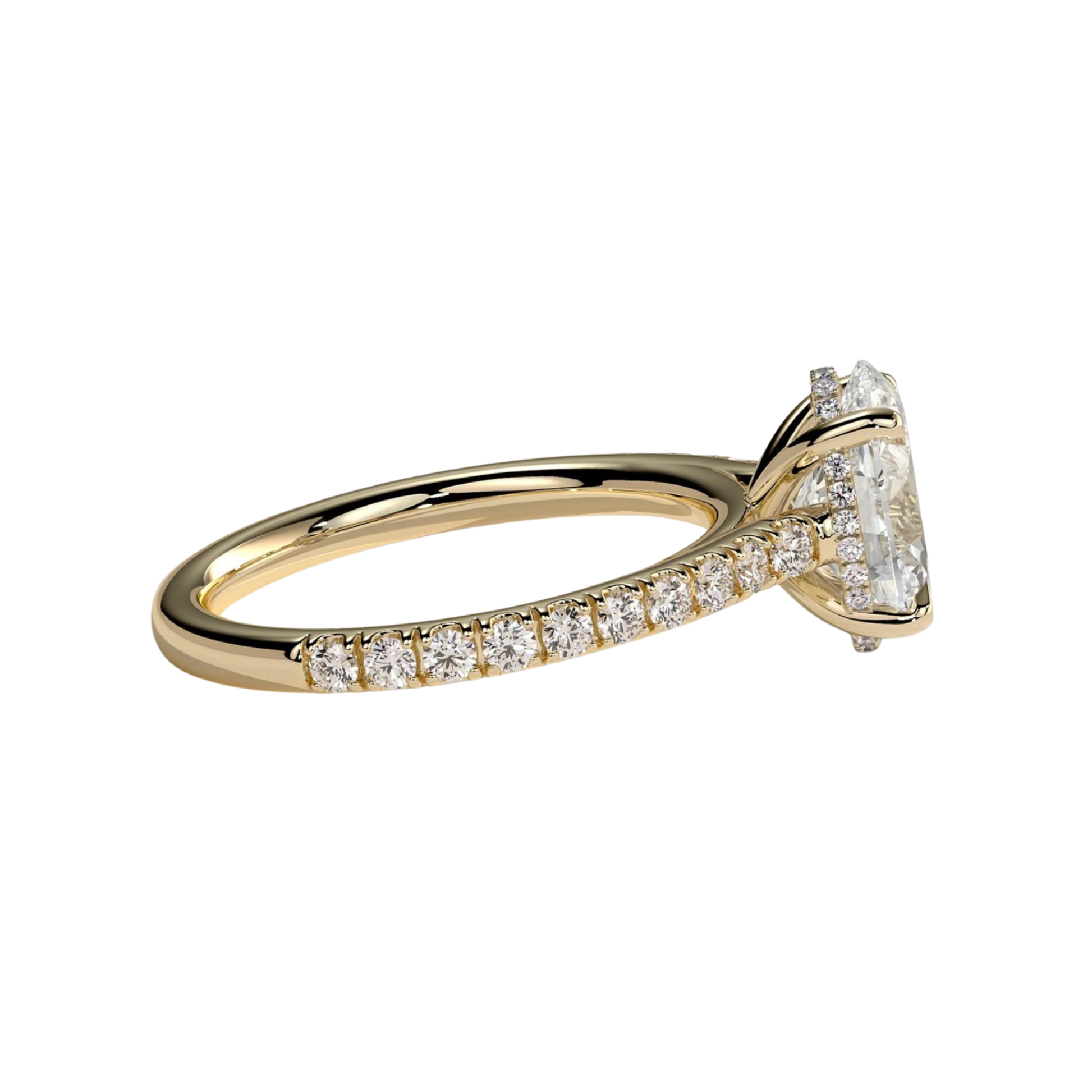 Luxury oval claw solitaire engagement ring featuring a brilliant oval-cut center stone with a sparkling hidden halo, pavé diamond band, and elegant cathedral high setting. Timeless elevated design crafted for exceptional brilliance and sophistication, available in white gold, yellow gold, rose gold, platinum, lab-grown diamond, or moissanite options.