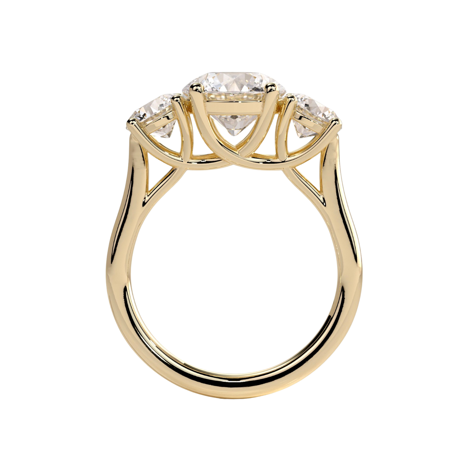 Luxury custom round claw trilogy engagement ring featuring a brilliant round-cut center stone flanked by matching round-shaped side stones and an elegant woven trellis gallery setting. Classic timeless three-stone design crafted for exceptional brilliance, structural sophistication, and durability, available in custom carat weights and white gold, yellow gold, rose gold, platinum, lab-grown diamond, or moissanite options.