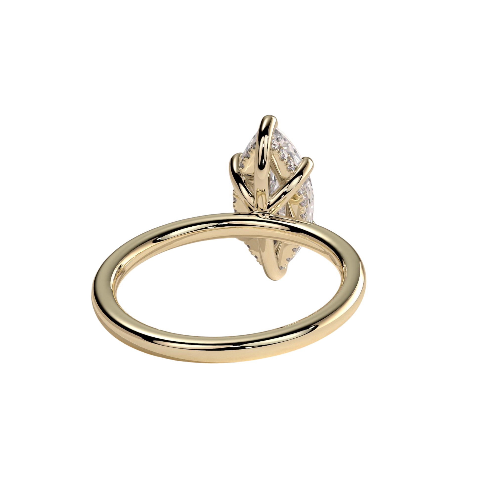 Luxury custom marquise claw solitaire engagement ring featuring a brilliant marquise-cut center stone secured in refined claws with a sparkling hidden halo beneath the center stone. Elegant timeless minimalist design crafted for exceptional brilliance, sophistication, and durability, available in custom carat weights and white gold, yellow gold, rose gold, platinum, lab-grown diamond, or moissanite options.