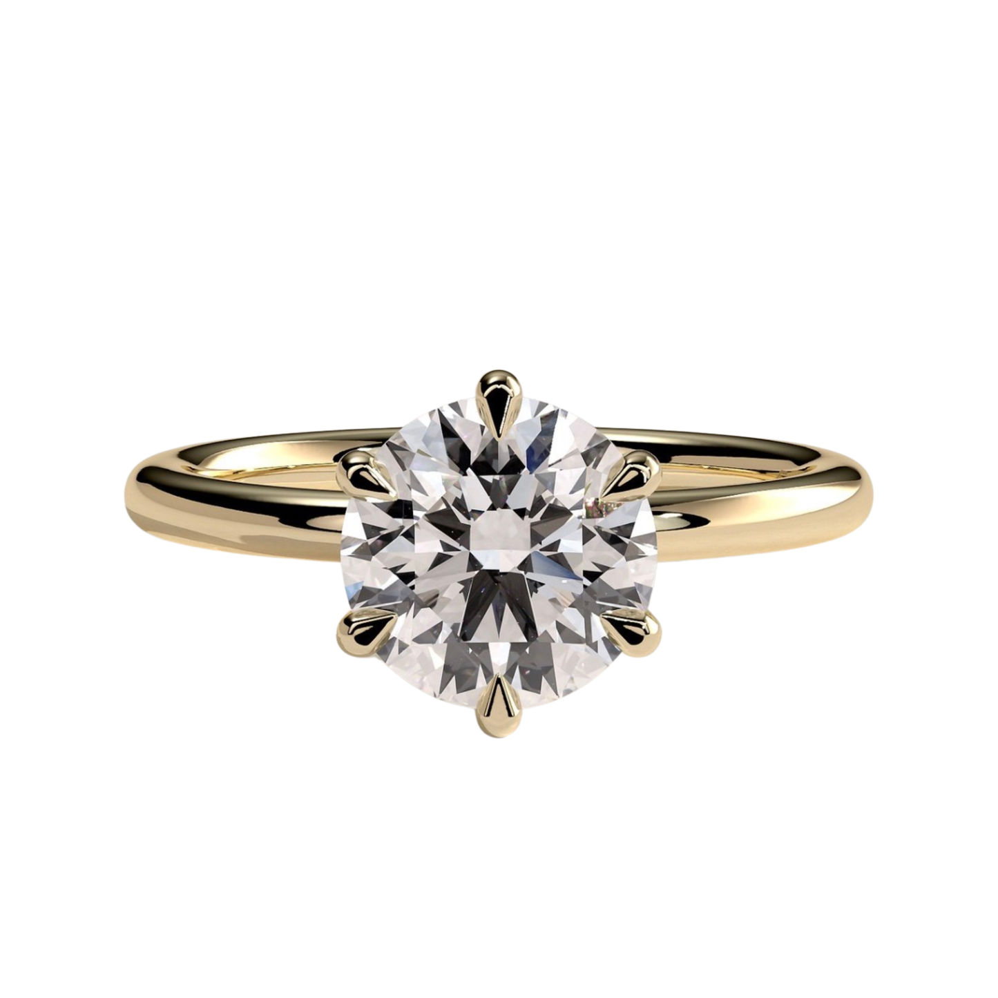 Round claw solitaire engagement ring featuring a brilliant round-cut center stone secured in a classic claw setting with a refined, elevated profile. Timeless and elegant design crafted to maximize sparkle and brilliance, available in white gold, yellow gold, rose gold, platinum, lab-grown diamond, or moissanite options.
