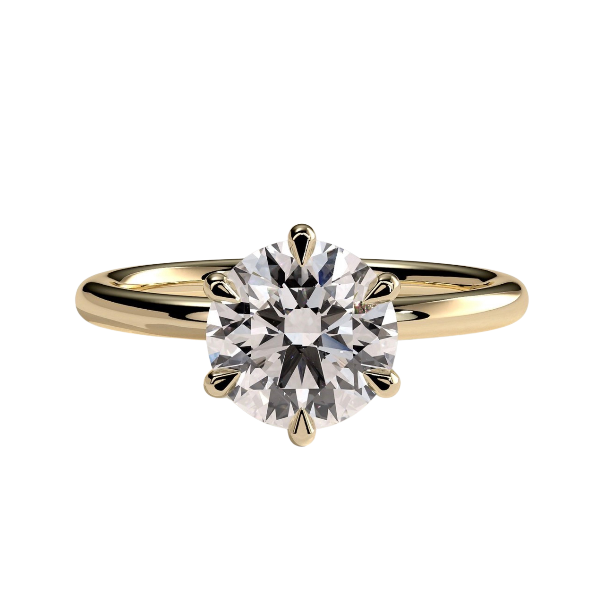 Round claw solitaire engagement ring featuring a brilliant round-cut center stone secured in a classic claw setting with a refined, elevated profile. Timeless and elegant design crafted to maximize sparkle and brilliance, available in white gold, yellow gold, rose gold, platinum, lab-grown diamond, or moissanite options.
